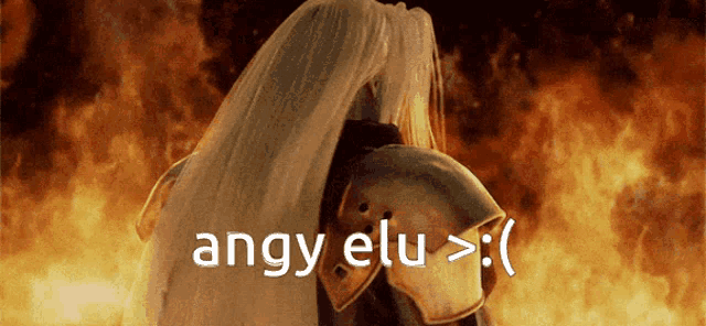 a video game character is standing in front of a fire and says angy elu >