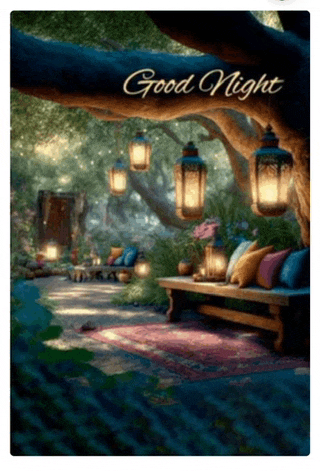 a picture of a garden with lanterns hanging from trees and the words good night written on it