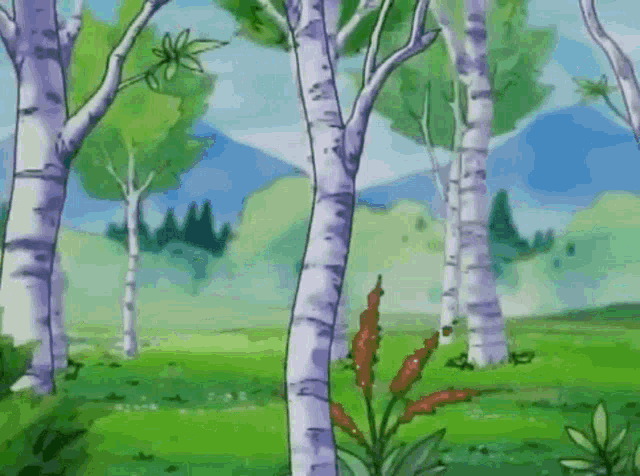 a cartoon drawing of a forest with trees and mountains in the background