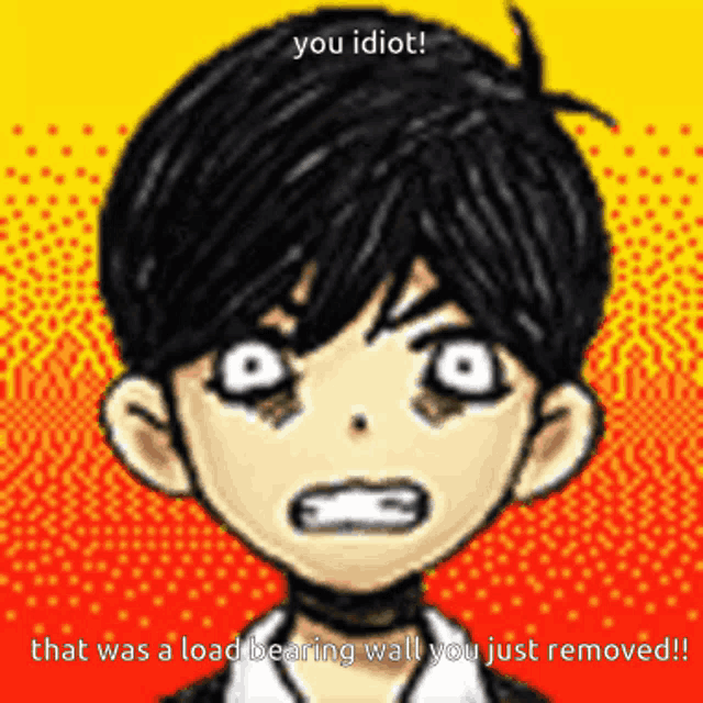a cartoon of a boy with the words you idiot that was a load bearing wall you just removed written below him