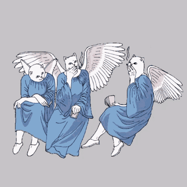 a drawing of three cats with angel wings