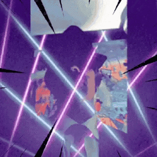 a person is standing in a room with purple lights coming out of it