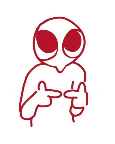 a drawing of an alien with red eyes pointing