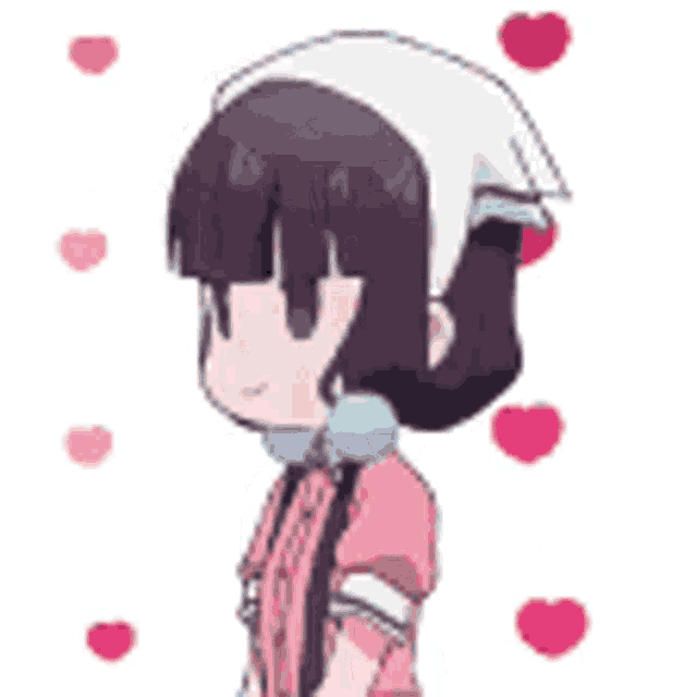 a little girl with short hair is wearing a pink shirt and a white hat surrounded by hearts .