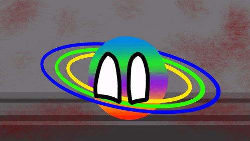 a cartoon drawing of a colorful planet with a rainbow colored ring around it