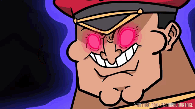 a cartoon of a man with red eyes and the words youtube.com/terminalmontage below