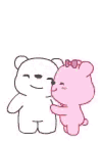 a white teddy bear and a pink teddy bear kissing each other with hearts in their eyes .