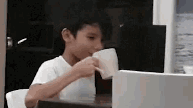 a young boy is drinking from a cup while sitting at a table in front of a laptop .