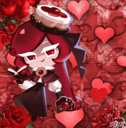 a picture of a girl with red hair surrounded by hearts and roses says good afternoon