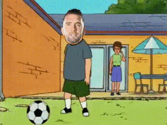 a cartoon of a man kicking a soccer ball while a woman looks on .