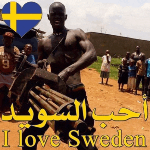a man holding a machine gun with the words i love sweden written below him