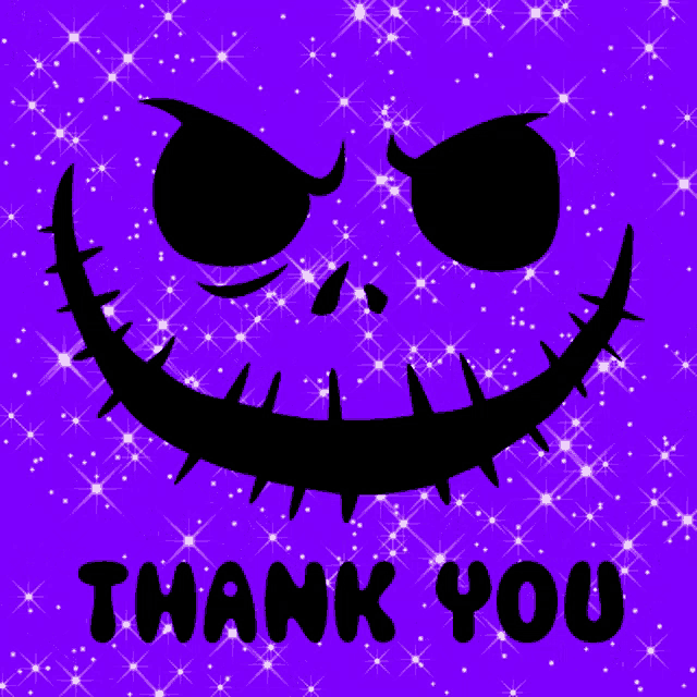 a purple background with a skeleton face and the words thank you