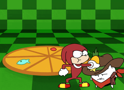a cartoon of knuckles the echidna standing next to a cartoon character