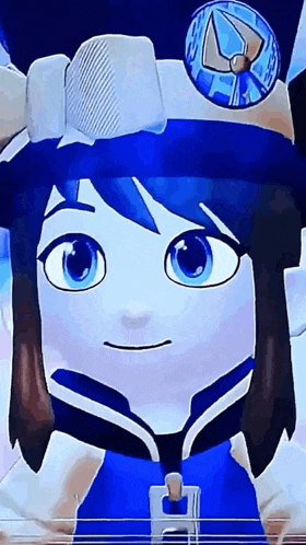 a close up of a person wearing a blue hat