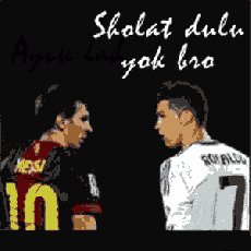 messi and ronaldo are standing next to each other in front of a sign that says selamat menunjukkan ibadah sholat