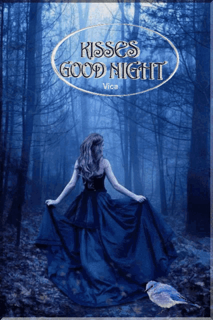 a picture of a woman in a blue dress with the words kisses good night vica on the bottom