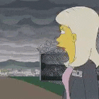 a cartoon character from the simpsons is standing in front of a fence .