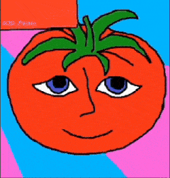 a drawing of a tomato with blue eyes