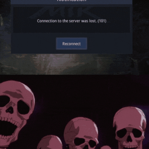 a group of skulls are standing in front of a screen that says " connection to the server was lost ( 101 ) "