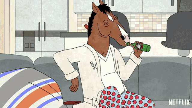 a cartoon of a horse sitting on a couch drinking a beer from a bottle