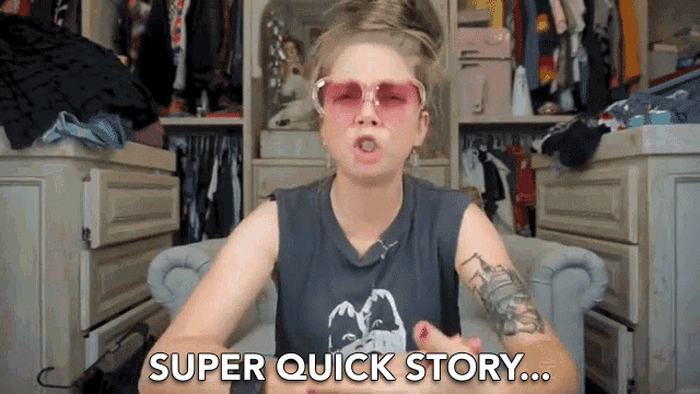 a woman wearing pink sunglasses is sitting in a chair and says super quick story