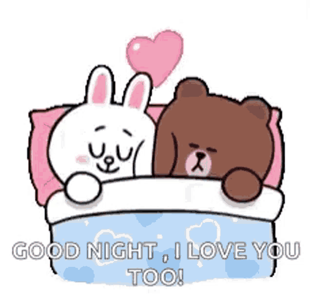 a brown bear and a white rabbit are sleeping in a bed with a heart shaped balloon .