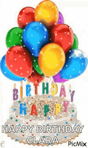 a birthday cake with balloons and candles and the words `` happy birthday clara '' written on it .