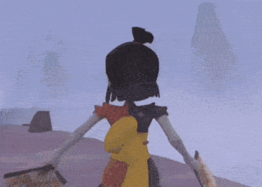 a cartoon character is standing on a hill holding a sword