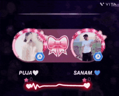 a purple background with a purple bow and the words sanam and puja