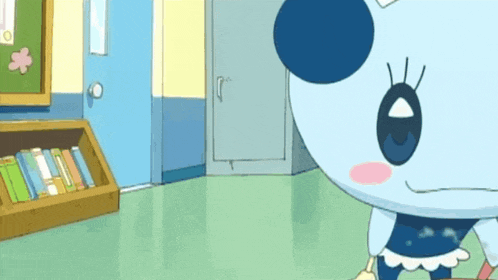 a cartoon character is standing in a hallway next to a bookshelf with books on it .