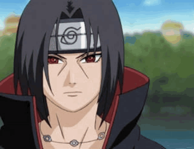 itachi uchiha from naruto is wearing a headband and a necklace and looking at the camera .