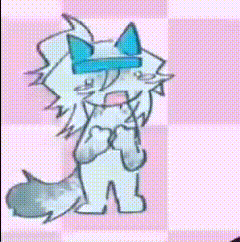a cartoon drawing of a white cat with blue ears on a pink background .