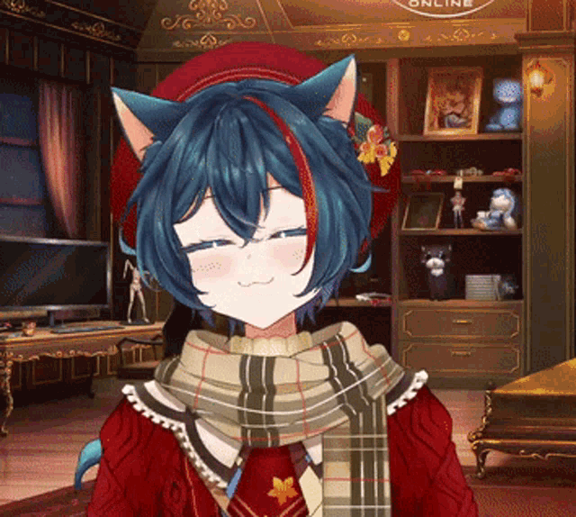 a girl with cat ears wearing a red hat and a scarf in front of a sign that says online