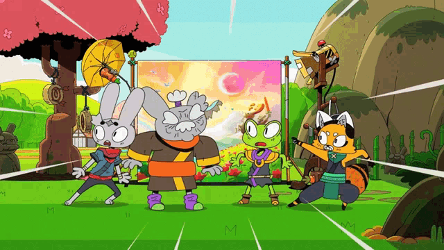 a cartoon of a rabbit a frog and a fox with the letter m in the middle