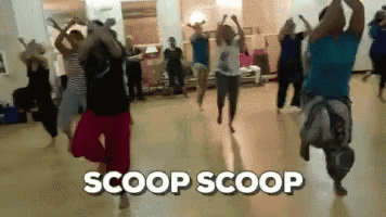 a group of people are dancing in a room with the words scoop scoop written above them