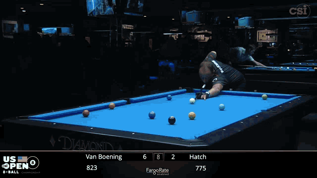 a pool table with a scoreboard that says van boening 823