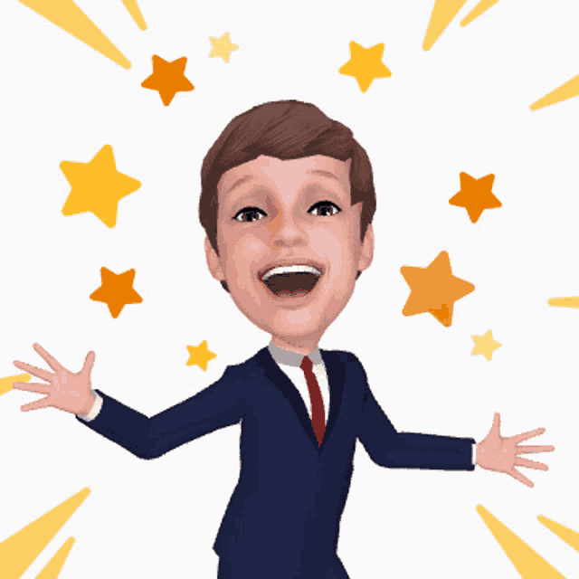 a cartoon of a man in a suit and tie with his arms outstretched surrounded by stars