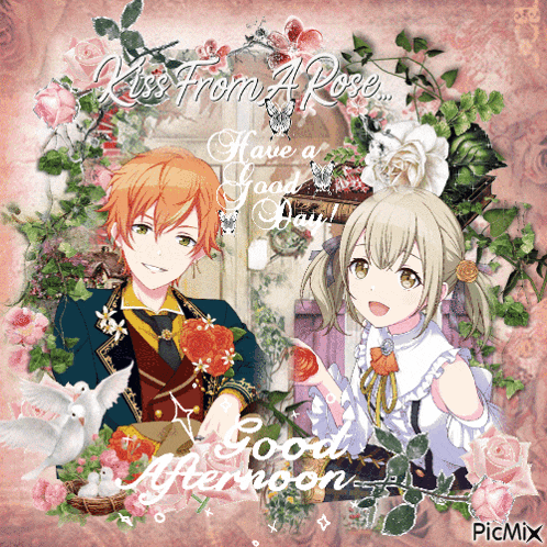 a picture of a boy and a girl with the words kiss from a rose
