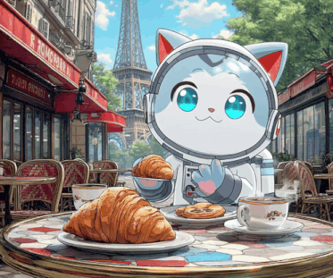 a cartoon cat sitting at a table with a croissant and a cup of coffee