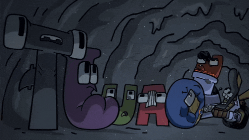 a cartoon drawing of the letters t j and a in a cave