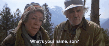 a man and a woman standing next to each other with the words " what 's your name son " written below them