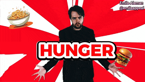 a man is holding a hamburger and a bowl of noodles in front of a hunger sign