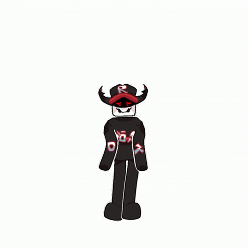 a drawing of a roblox character with horns and a r on his hat