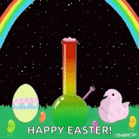 a happy easter greeting card with a bong , easter eggs , chickens and a rainbow .