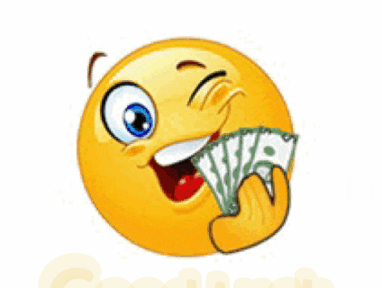 a smiley face is holding a bunch of money and the words good luck behind it