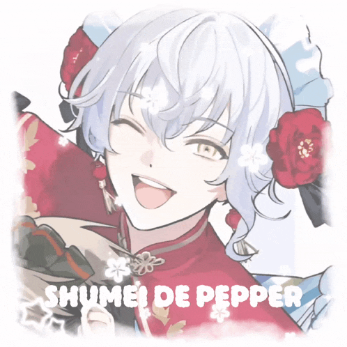 a drawing of a girl with white hair and the name shumei de pepper on the bottom
