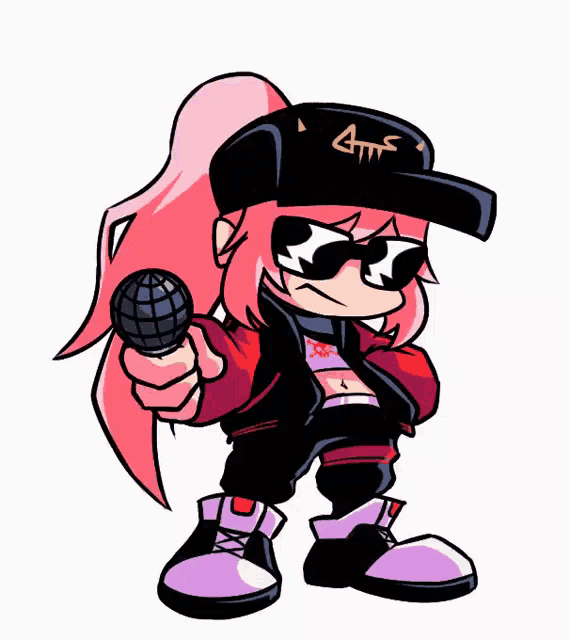 a cartoon girl is holding a microphone in her hand .