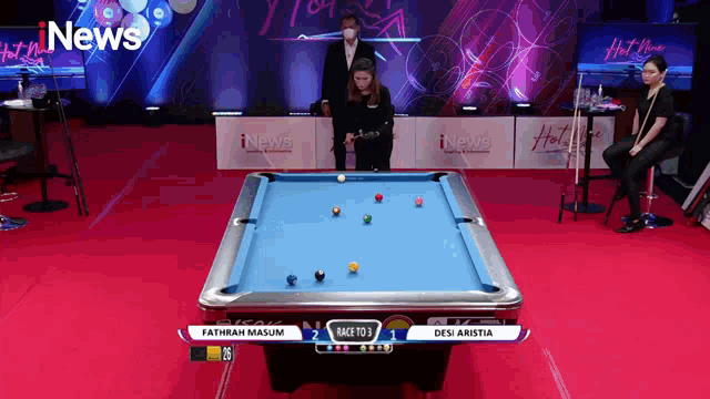 a pool table with a score of 1 to 2