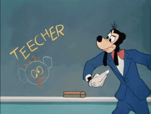 a cartoon character is writing the word teacher on a blackboard