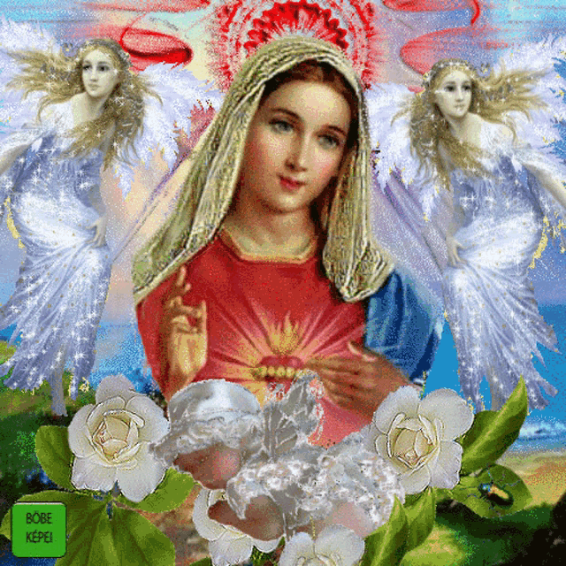 a painting of a woman surrounded by angels has a green button that says bobe kepen
